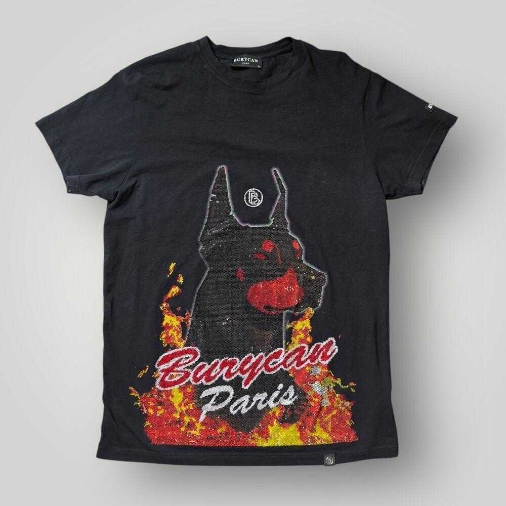 Men’s Burycan Paris L Graphic T-Shirt Doberman Flame Rhinestone Streetwear